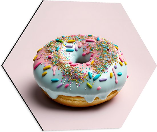 Dibond Hexagon - Donut met Blauwe Glazuur met Sprinkles tegen Lichroze Achtergrond - 50x43.5 cm Foto op Hexagon (Met Ophangsysteem)