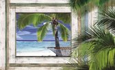 Fotobehang - Vlies Behang - 3D Tropisch uitzicht op het Paradijs - Palmbomen - Zee - Strand - 312 x 219 cm