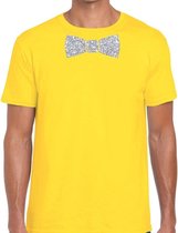 Geel fun t-shirt met vlinderdas in glitter zilver heren - shirt met strikje XXL