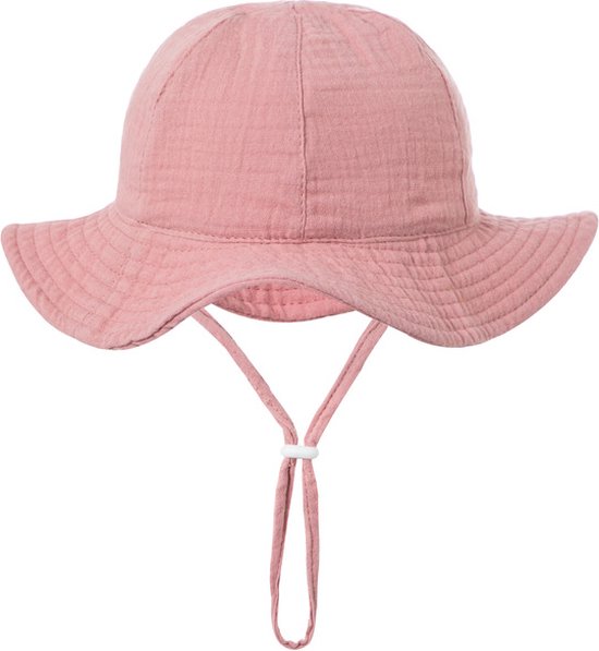 Schattige Vakantie Zonnehoed Linnen look - Oud Diep Rose / Roze | 3 – 18 Maanden - Katoen | Baby – Kind | UV Werend | Elastiek – Licht Uitrekbaar | Strandhoedje - Zomer Accessoire | Voor op het strand of onderweg! | DH collection