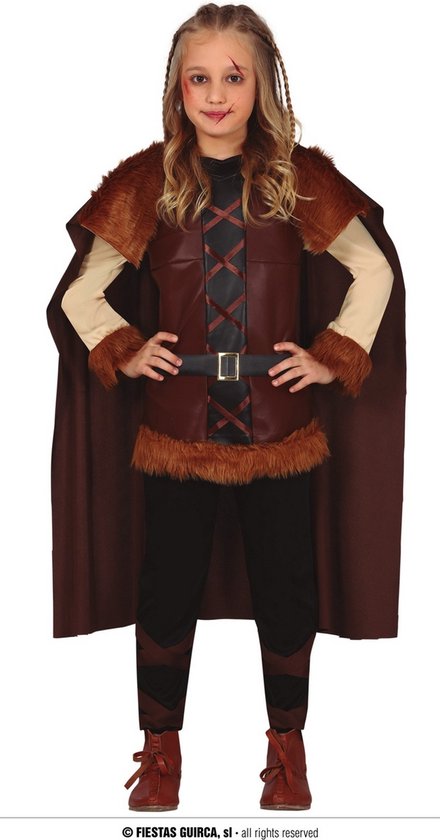 Guirca - Piraat & Viking Kostuum - Aslaug De Gevreesde Viking Kind Kostuum - Bruin - 5 - 6 jaar - Carnavalskleding - Verkleedkleding