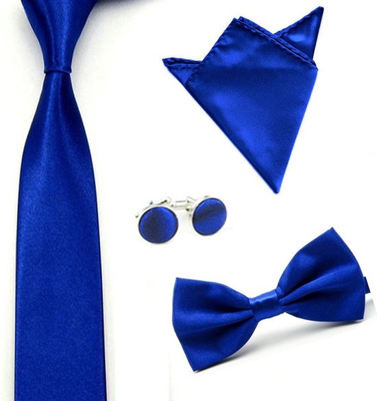 Luxe set stropdas - vlinderstrik - pochette - manchetknopen - Royal Blue - strik - strikje - vlinderdas - pochet - heren - Cadeau