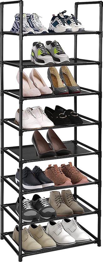 8-laags schoenenrek voor 16-20 paar schoenenrek Smalle en hoge schoenenopslag, zwart