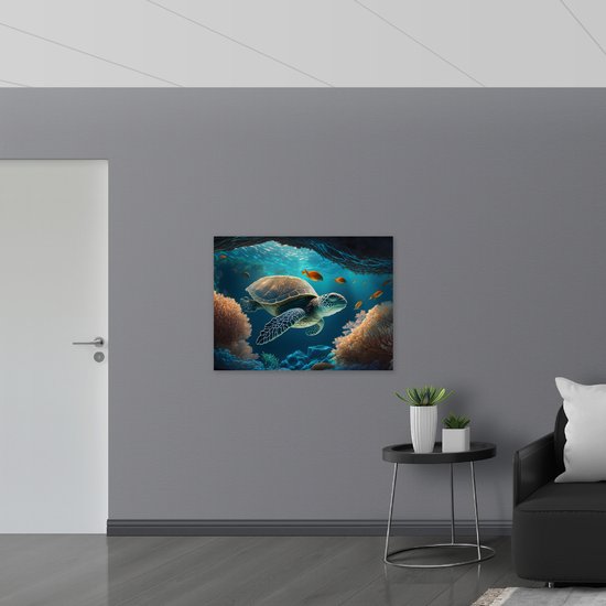 Poster Glanzend – Cartoon van Zeeschildpad Zwemmend in Grotten op Zeebodem - 100x75 cm Foto op Posterpapier met Glanzende Afwerking