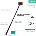 Telescoopsteel met bruine borstelkop, waterslang, zeepdispenser en raamwisser. Turquoise en zwarte details.