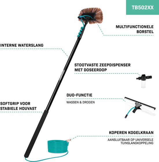 Telescoopsteel met bruine borstelkop, waterslang, zeepdispenser en raamwisser. Turquoise en zwarte details.