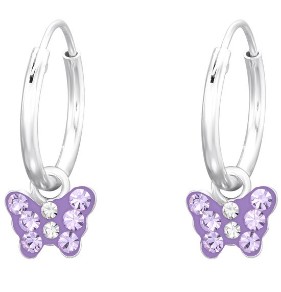 Joy|S - Zilveren vlinder oorbellen - oorringen- paars lila kristal - kinderoorbellen