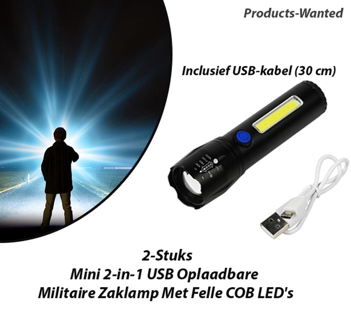2-Stuks Mini 2-in-1 USB Oplaadbare Militaire Zaklamp Met Felle COB LED's