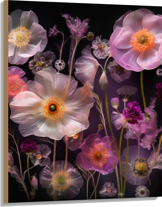 Hout - Boeket van Roze Bloemen op Zwart Oppervlak - 75x100 cm - 9 mm dik - Foto op Hout (Met Ophangsysteem)