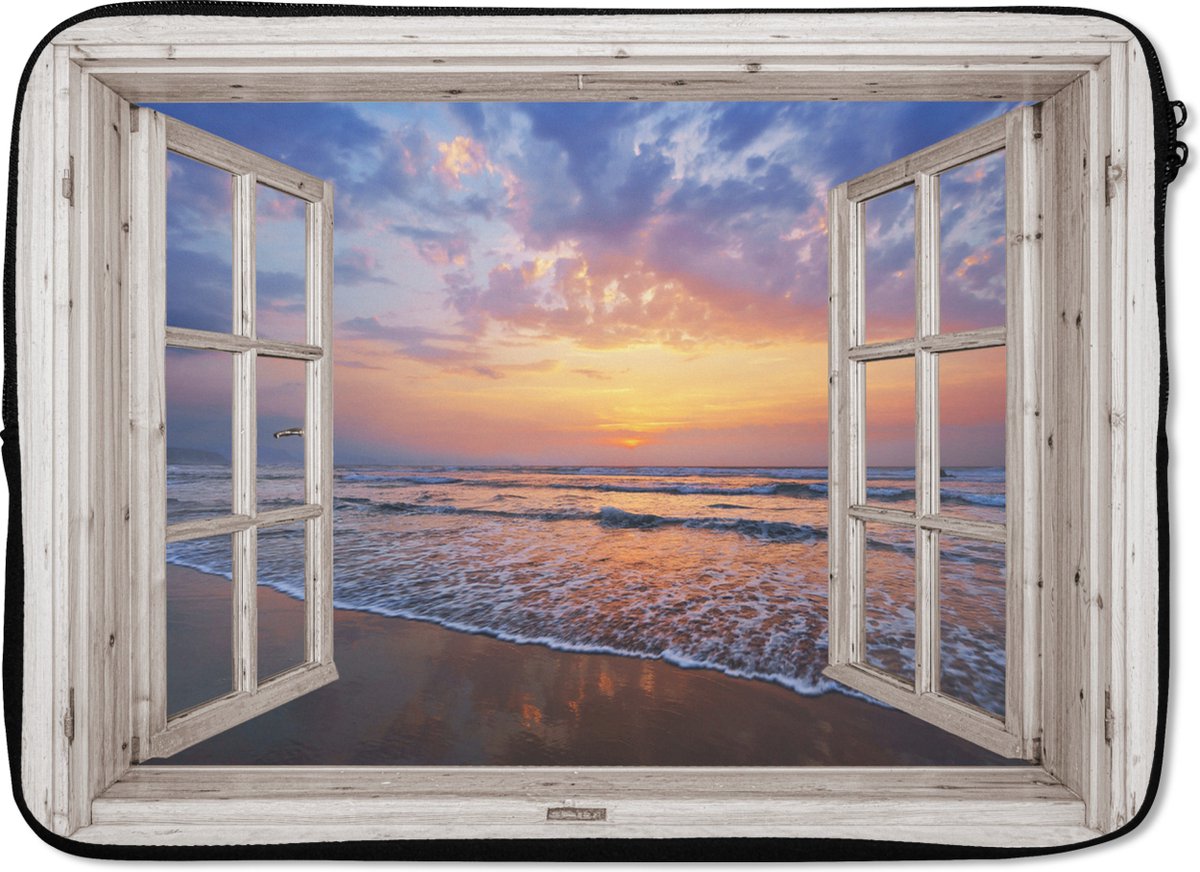 Laptophoes 14 inch - Doorkijk - Zee - Strand - Zonsondergang - Blauw - Laptop sleeve - Binnenmaat 33x23 cm - Zwarte achterkant