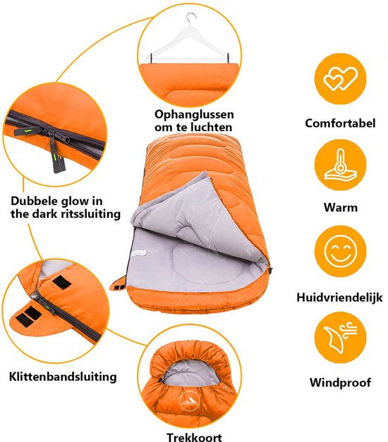 Hikemeister ® mummy slaapzak 1600 gram - kamperen - Oranje - ca. 220 x 80 cm - met Binnenzak - Comfortzone: 0°C tot 15°C graden - Draagtas van Hikemeister — afbeelding 3