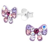 Joy|S - Zilveren strikje oorbellen - 8.3 x 6.5 mm - paars met gekleurde kristalletjes - kinderoorbellen