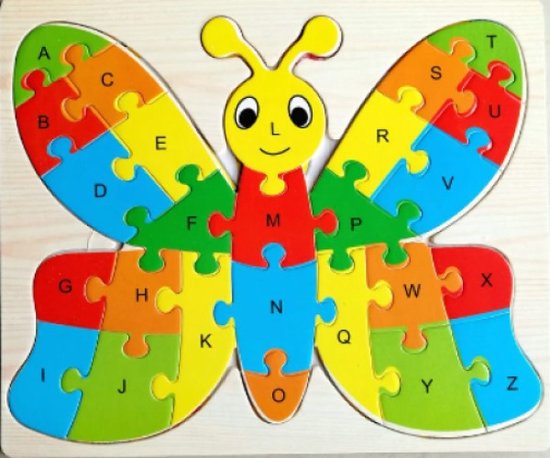 Houten montessori puzzel | Vlinder met letters alfabet 26 stukjes | Legpuzzel educatief | vanaf 2 jaar