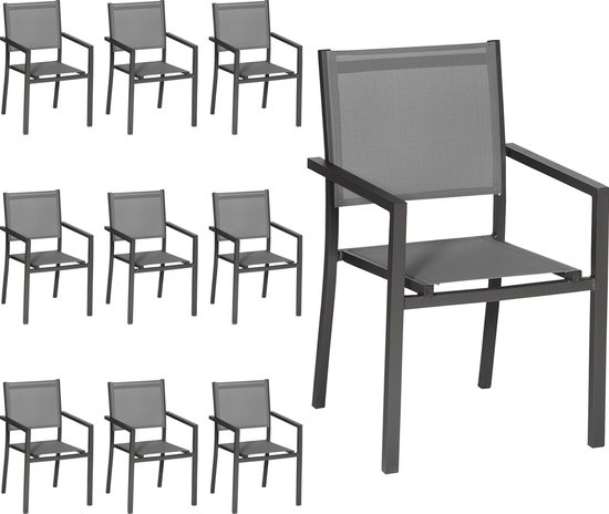 Lot de 10 chaises en aluminium anthracite - textilène gris