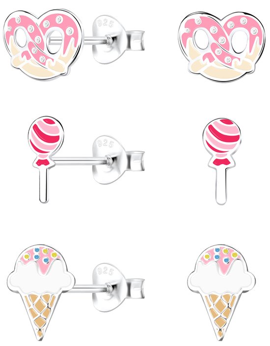 Joy|S - Zilveren snoep oorbellen set - ijsje | lolly | krakeling - 3 paar - kinderoorbellen