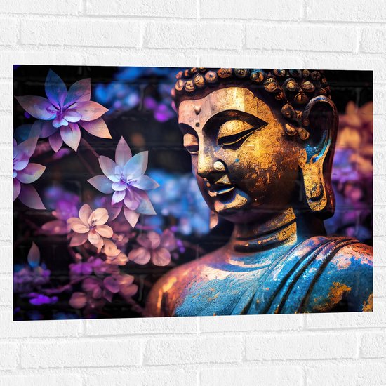 Muursticker - Boeddha voor Struik vol Paarse Lelies - 80x60 cm Foto op Muursticker