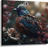 Canvas - Blauwe Gaai Vogel met Kleurrijke Veren en Bloemen - 100x100 cm Foto op Canvas Schilderij (Wanddecoratie op Canvas)