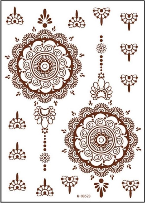 Henna Tattoo - Tijdelijke tatoeage - Temporary tattoo - Bruine Mehndi tattoo - Plak tattoos - Tattoo voor vingers en hand - Festival outfit tattoos - Neptattoo volwassenen kinderen meisjes - Nep Fake Tattoos - 21 cm x 15 cm