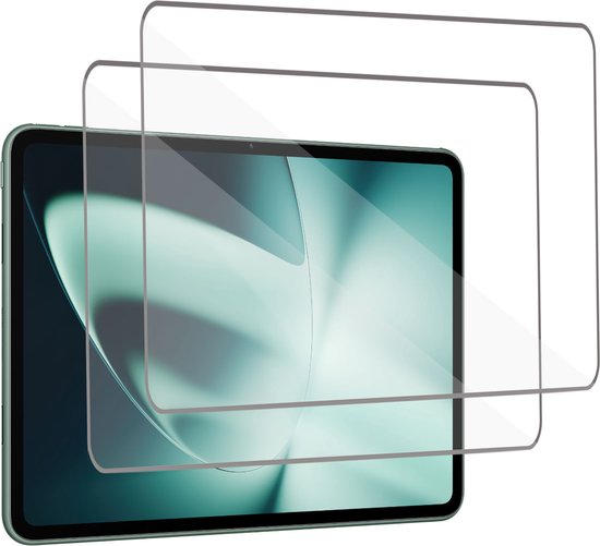 Twee transparante screenprotectors boven een groen getinte tablet.