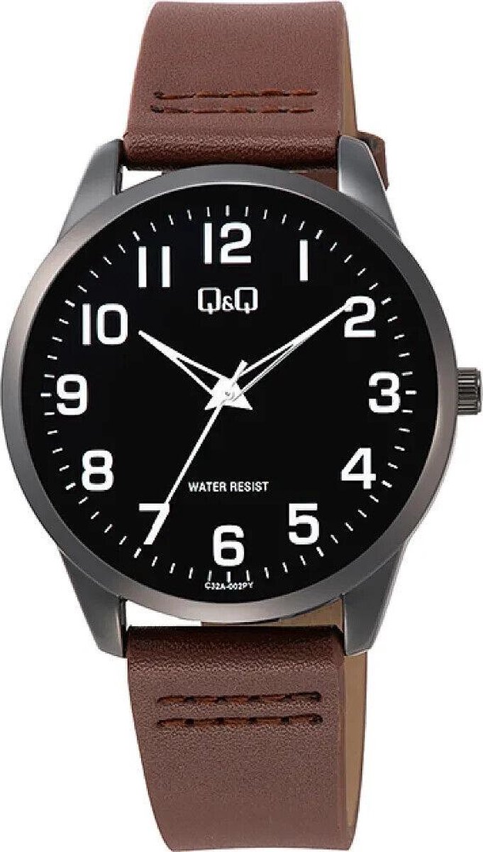 QQ C32A-002PY - Horloge - Analoog - Heren - Mannen - Leren band - Rond - Metaal - Bruin - Zwart