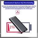 Zwarte dictafoon met 1% batterij en opslaan pictogram.