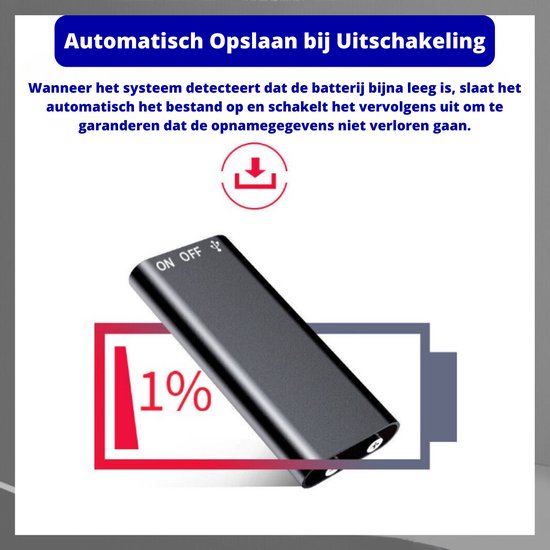Zwarte dictafoon met 1% batterij en opslaan pictogram.