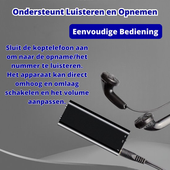 Zwarte dictafoon met aangesloten oordopjes en indicatie van luister- en volumefuncties.