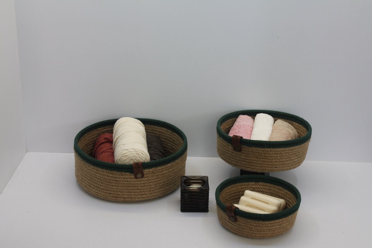OZ Home - 3-delige Mandenset - Beige/Groen - Duurzaam & Functioneel - Voor Compacte Opslag en Decoratie