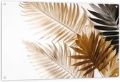 Tuinposter – Tropische Bladeren in Goudtinten tegen Witte Achtergrond - 120x80 cm Foto op Tuinposter (wanddecoratie voor buiten en binnen)