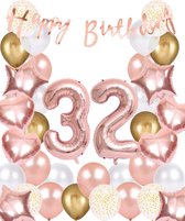 Snoes Ballonnen 32 Jaar Rose Gold White Dots - Compleet Feestpakket met cijfer ballon 32 jaar - Verjaardag Versiering Slinger Happy Birthday – Folieballon – Latex Ballonnen - Helium Ballonnen - Rose Feestpakket