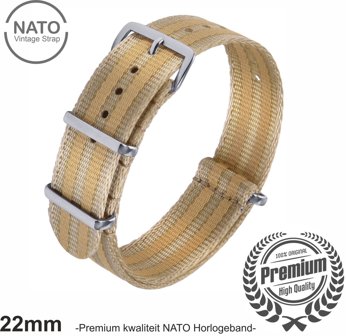 22mm Premium Nato horlogeband Cremé Kaki gestreept- Vintage James Bond look- Nato Strap collectie - Mannen - Horlogebanden - 22 mm bandbreedte