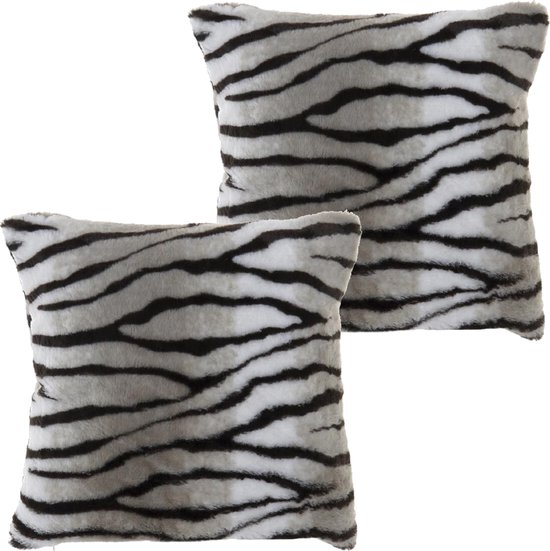 2x stuks woonkussens/sierkussens zebra strepen dierenprint 45 x 45 cm - Pluche zebra strepenprint kussens - Dierenthema woonaccessoires/sierkussens