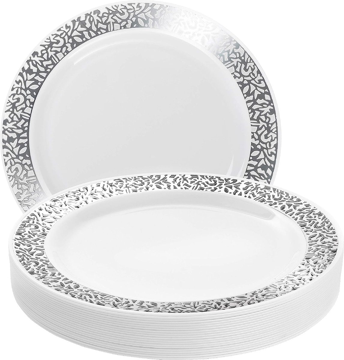 20 Witte Plastic Borden met Zilveren Rand (26cm), Feestbordjes voor Bruiloften, Verjaardagen, Dopen, Kerstmis & Feesten - Stevig en Herbruikbaar