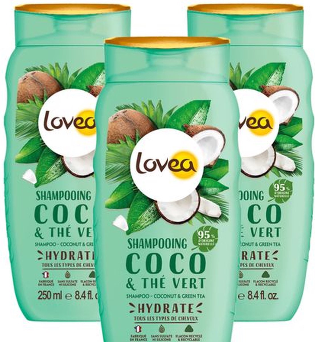 Lovea Shampoo Kokos en Groene Thee - 3 x 250 ml - Voordeelverpakking