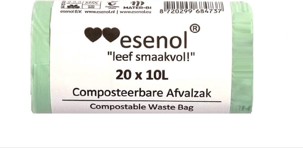 esenol Composteerbare Afvalzakken 10 liter 20 stuks - compostzakken - biozakken - biologisch afbreekbare afvalzakken – 100% composteerbare vuilniszakken - gft afvalzakken - kiemplant logo