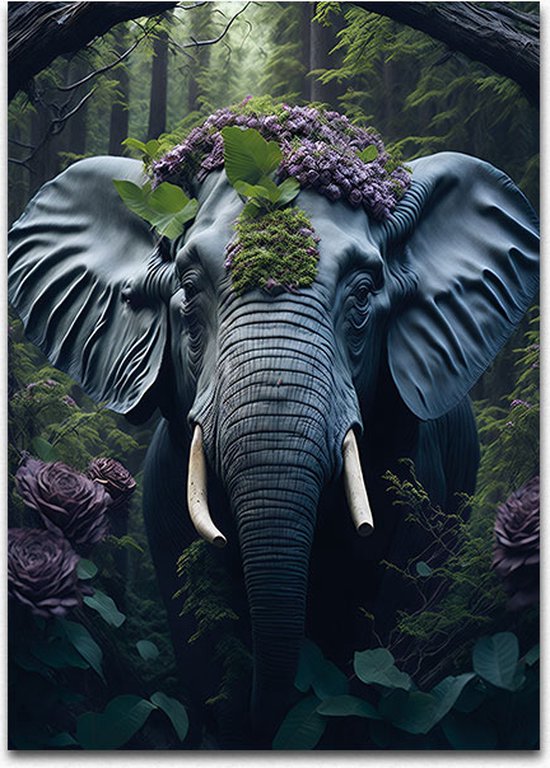 Eliphant Jungle poster - Botanische muurkunst - Luxe Metalen Wall Art 64 / 45 cm.