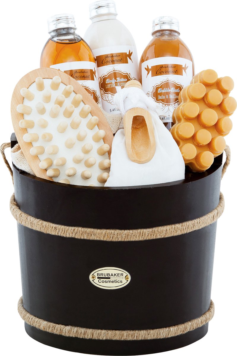 Goedkoopste BRUBAKER Cosmetics Wellnessbad-set - Kokosnoot- 9-delige Cadeauset met Verzorgings- en Massagebenodigdheden in een Decoratief Bad