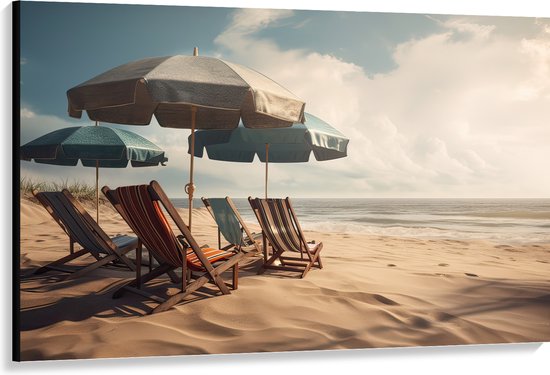 Canvas - Strandstoelen en Parasols op het Strand op Bewolkte Dag - 150x100 cm Foto op Canvas Schilderij (Wanddecoratie op Canvas)