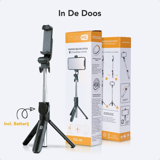 Studio ME 3 in 1 Selfie Stick Tripod - Selfiestick Universeel - Foto en Video - Bluetooth Afstandsbediening - Telefoonhouder - Telefoon statief