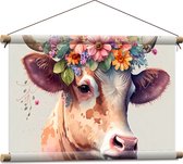Textielposter - Tekening van Koe met Kleurrijke Bloemenkrans - 60x40 cm Foto op Textiel