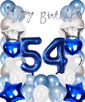 Snoes Ballonnen 54 Jaar Set Mega Blauw Zilver Ballon - Compleet Feestpakket Cijferballon 54 Jaar - Verjaardag Versiering Slinger Happy Birthday – Folieballon – Latex Ballonnen - Helium Ballonnen