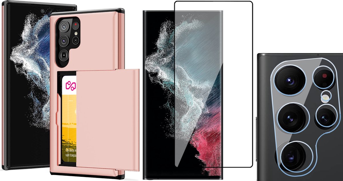 Hoesje met Pasjeshouder geschikt voor Samsung Galaxy S22 Ultra - Screenprotector GlassGuard & Camera Lens Screen Protector - Back Cover SlideCase Roségoud