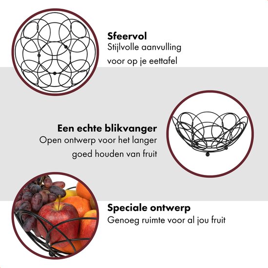 Zwarte metalen fruitschaal met open ontwerp, gevuld met fruit, en een detailfoto van het patroon.