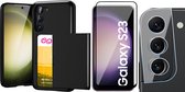 Hoesje met Pasjeshouder geschikt voor Samsung Galaxy S23 - Screenprotector FullGuard & Camera Lens Screen Protector - Back Cover SlideCase Zwart