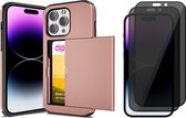 Hoesje met Pasjeshouder geschikt voor iPhone 14 Pro - 2x Privacy Screen Protector FullGuard - Back Cover SlideCase Roségoud & Screenprotector