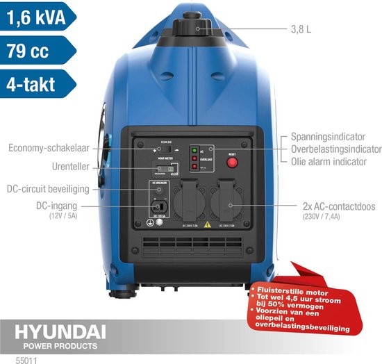HYUNDAI inverter generator 2000 W - Benzinemotor - Schoon, fluisterstil en betrouwbaar - LED-scherm - Hyundai