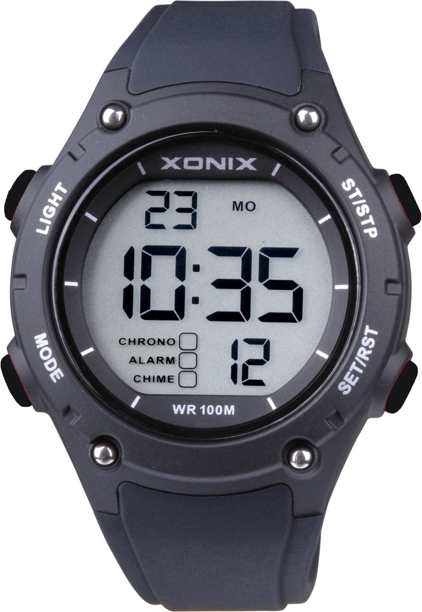 Xonix DAZ-006 - Horloge - Digitaal - Mannen - Rond - Siliconen band - ABS - Cijfers - Achtergrondverlichting - Alarm - Start-Stop - 12/24 - Tweede tijdzone - Datumaanduiding - Waterdicht - 10ATM - Zwart