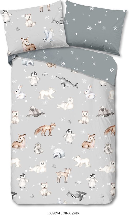 Good Morning Kinderdekbedovertrek "dieren in winterthema" - Grijs - (140x200/220 cm) - Katoen Flanel