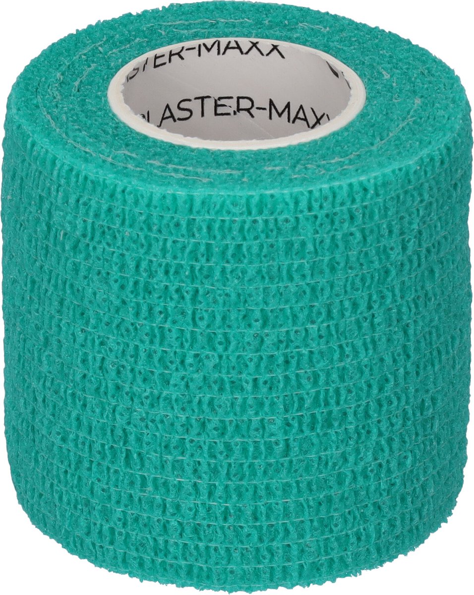 Goedkoopste Plastermaxx de hypoallergene elastische pleister ( groen ) die werkt zonder lijm. Waterbestendig, rekbaar, anti allergisch, latex vrij, absorbeert bloed, afscheurbaar ( geen schaar nodig ) lengte 450cm x breedte 5,0cm, handig voor thuis of op reis