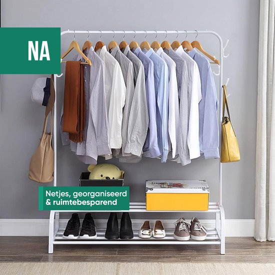 Avalo Industrieel Kledingrek - Metaal - 110x33x150 C   Zwart   Opbergruimte Voor Schoenen   Garderoberek Met Haken 727762892